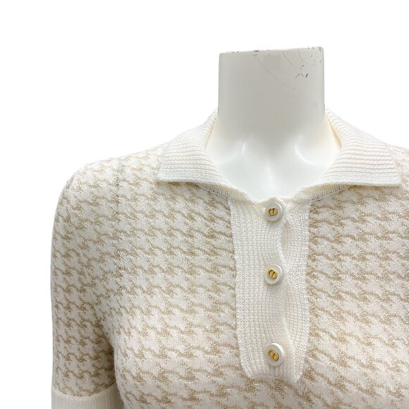 Christian Dior Cream / Gold Short Sleeved Cashmere Houndstooth Polo Sweater - Picture 4 of 6